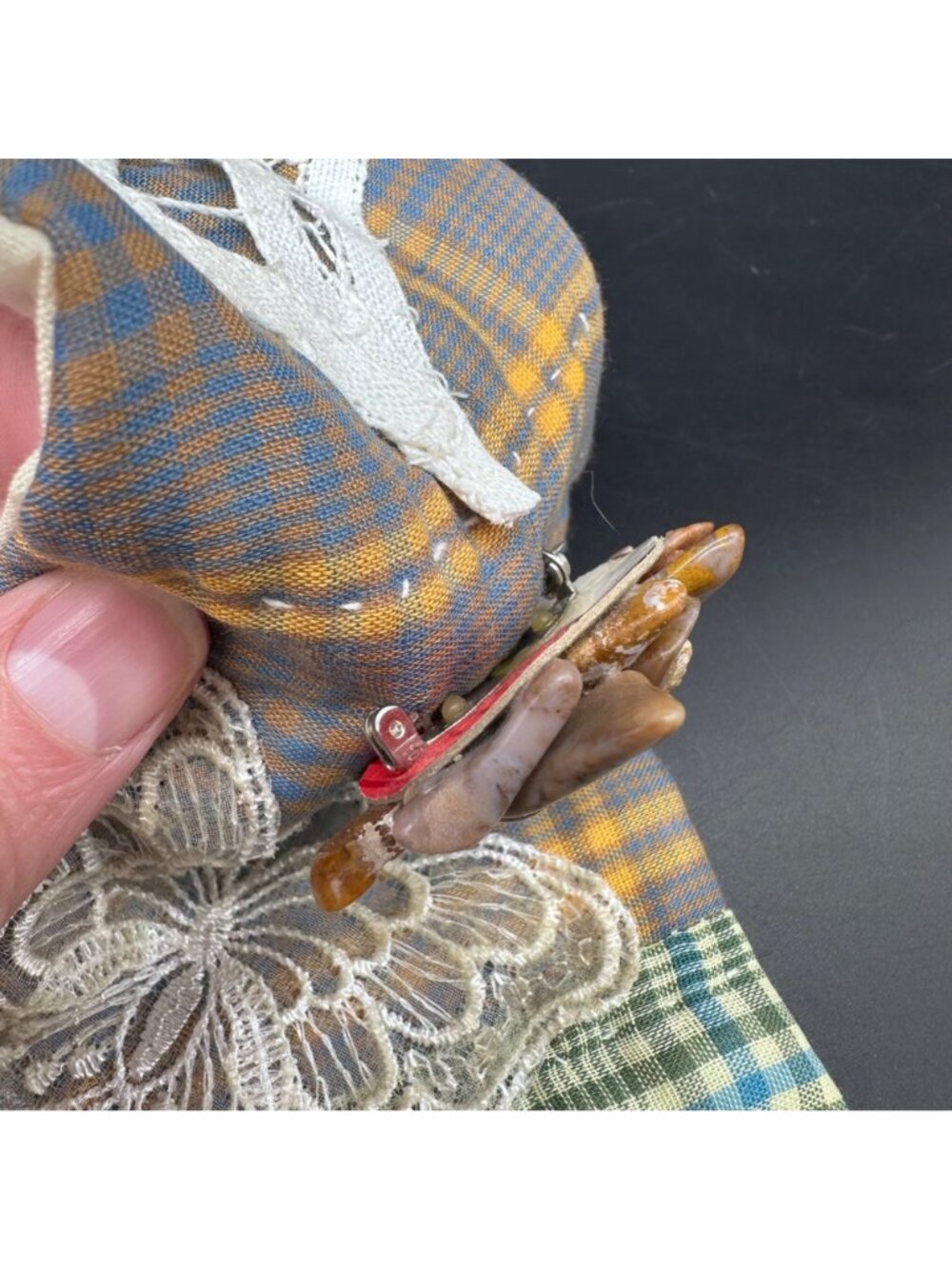 Vintage Vest Open Front Handmade Plaid Patchwork Style Cottage Granny Brooch 90s - Picture 6 of 9